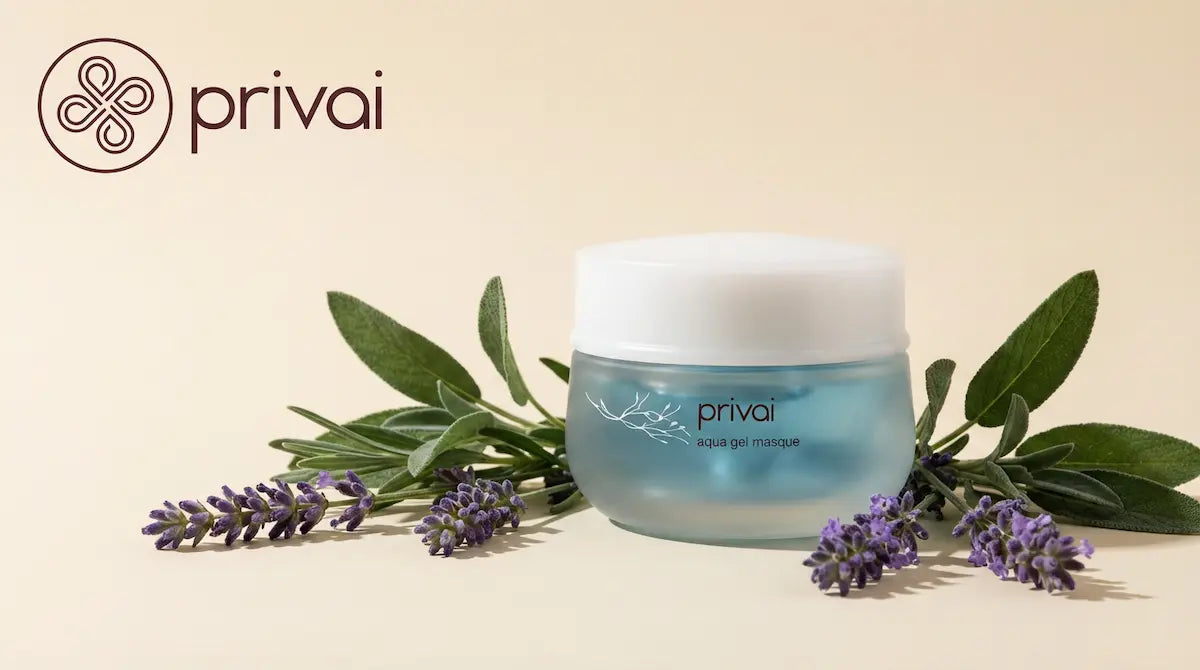 Privai aqua gel masque on top of lavender leaves and beige background