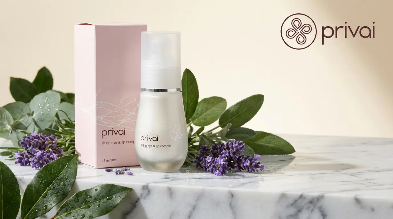 Privai botanical skincare creams and oils arranged in a still life on a neutral background