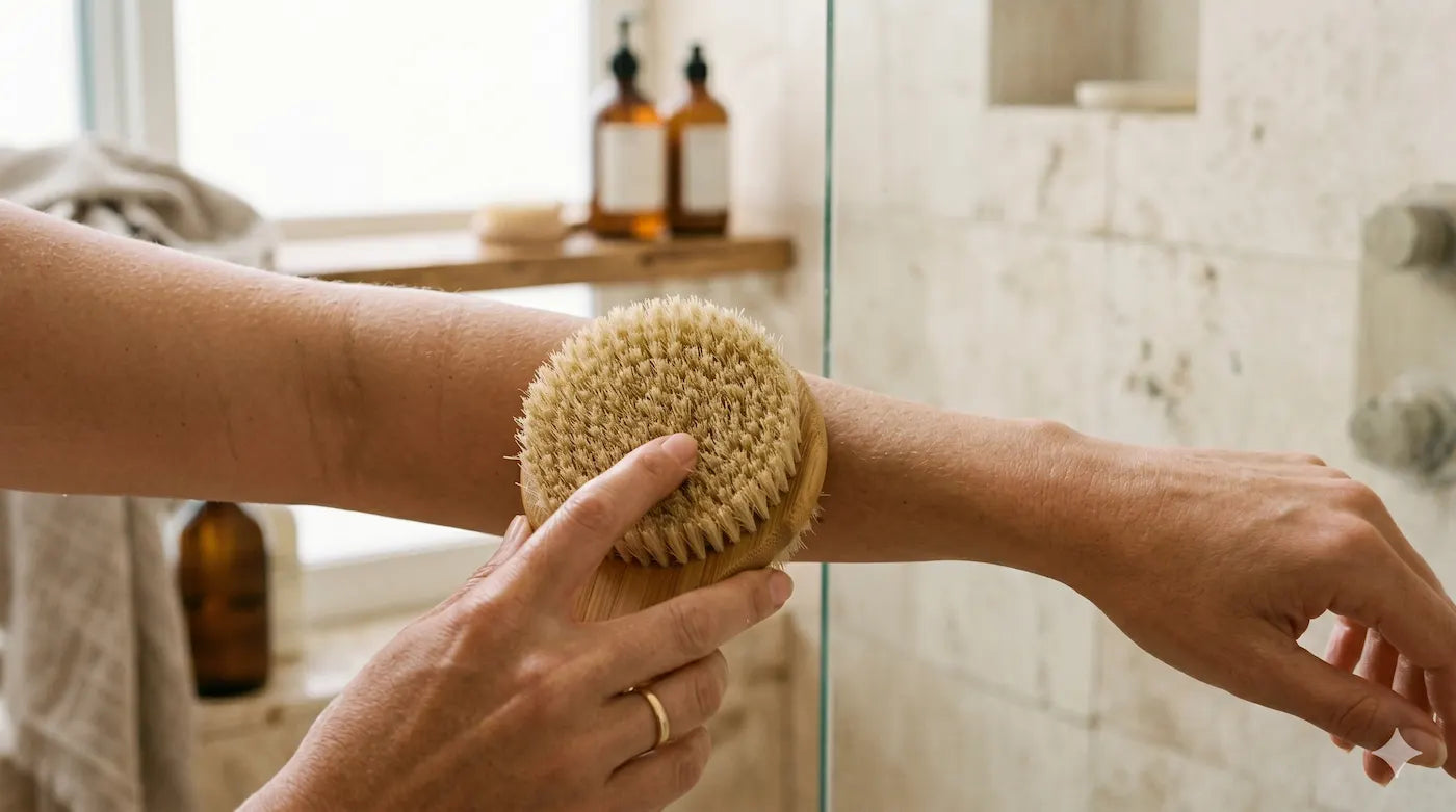 woman using dry brush in the shower