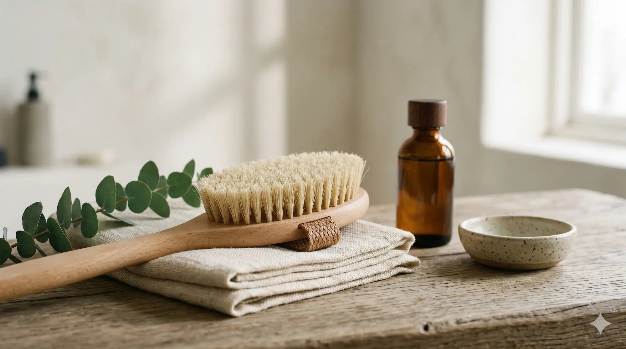 Wooden dry body brush with natural sisal bristles resting on an ivory linen towel beside a bottle of body oil and a sprig of eucalyptus