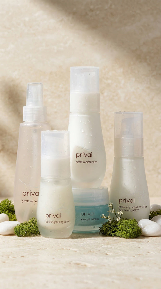 Collection of 'privai' skincare products on a natural background with stones and plants.