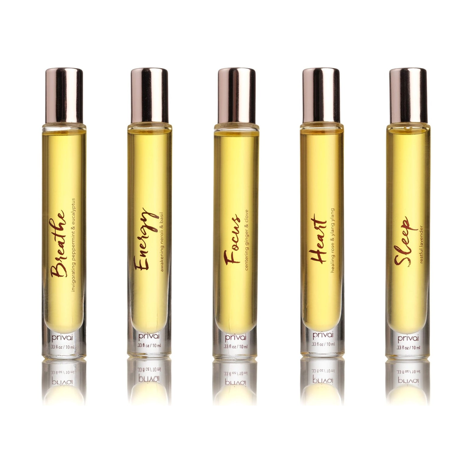 Privai Wellness Ritual Roller Set, five essential oil rollers: Breathe, Energy, Focus, Heart, Sleep