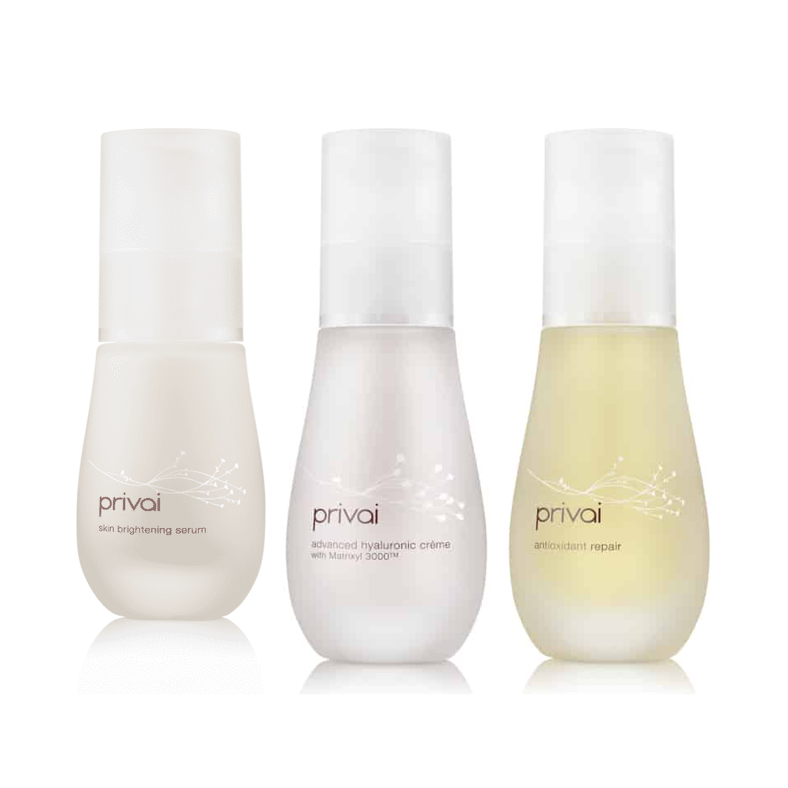 Three Privai skincare bottles on a white background: skin brightening serum, advanced hyaluronic creme, and antioxidant repair, with one bottle showing a pale yellow liquid.