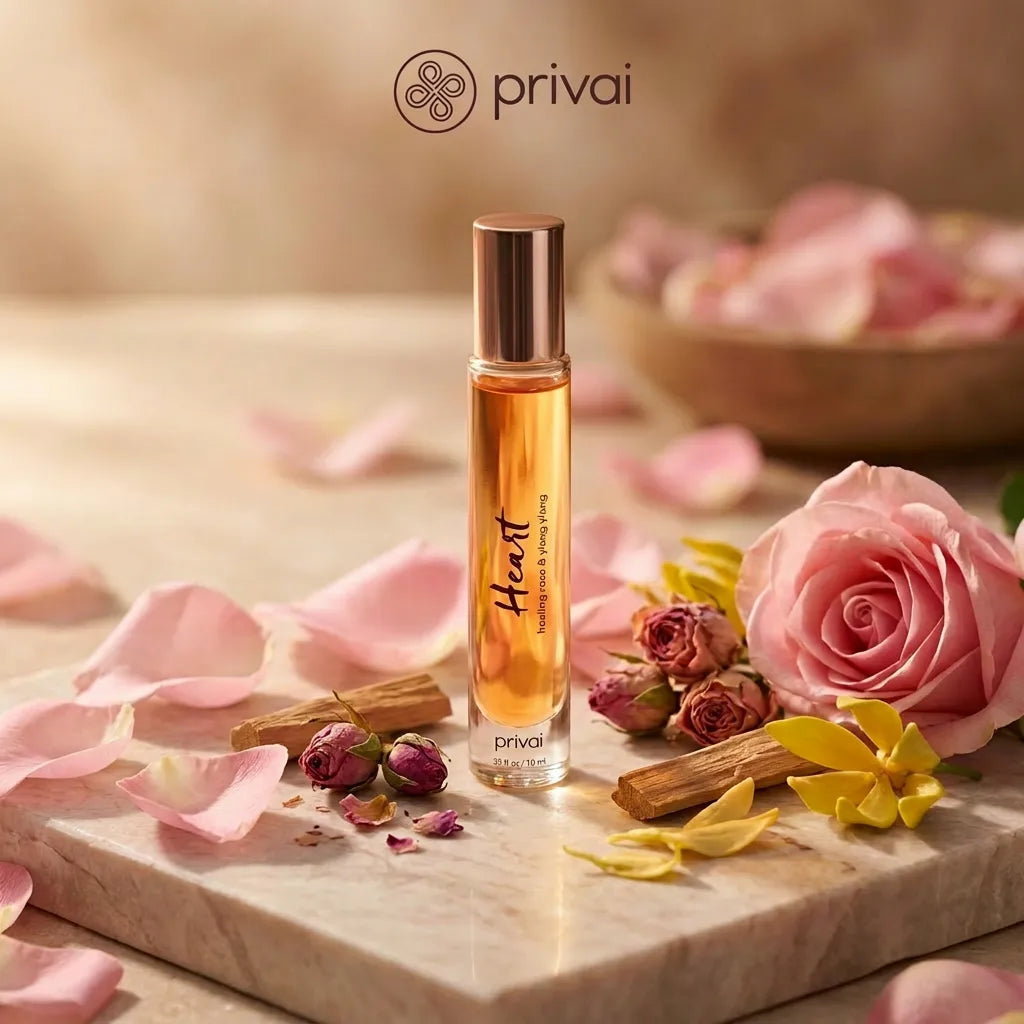 Privai aromatherapy bottle with pink roses and petals on a wooden surface