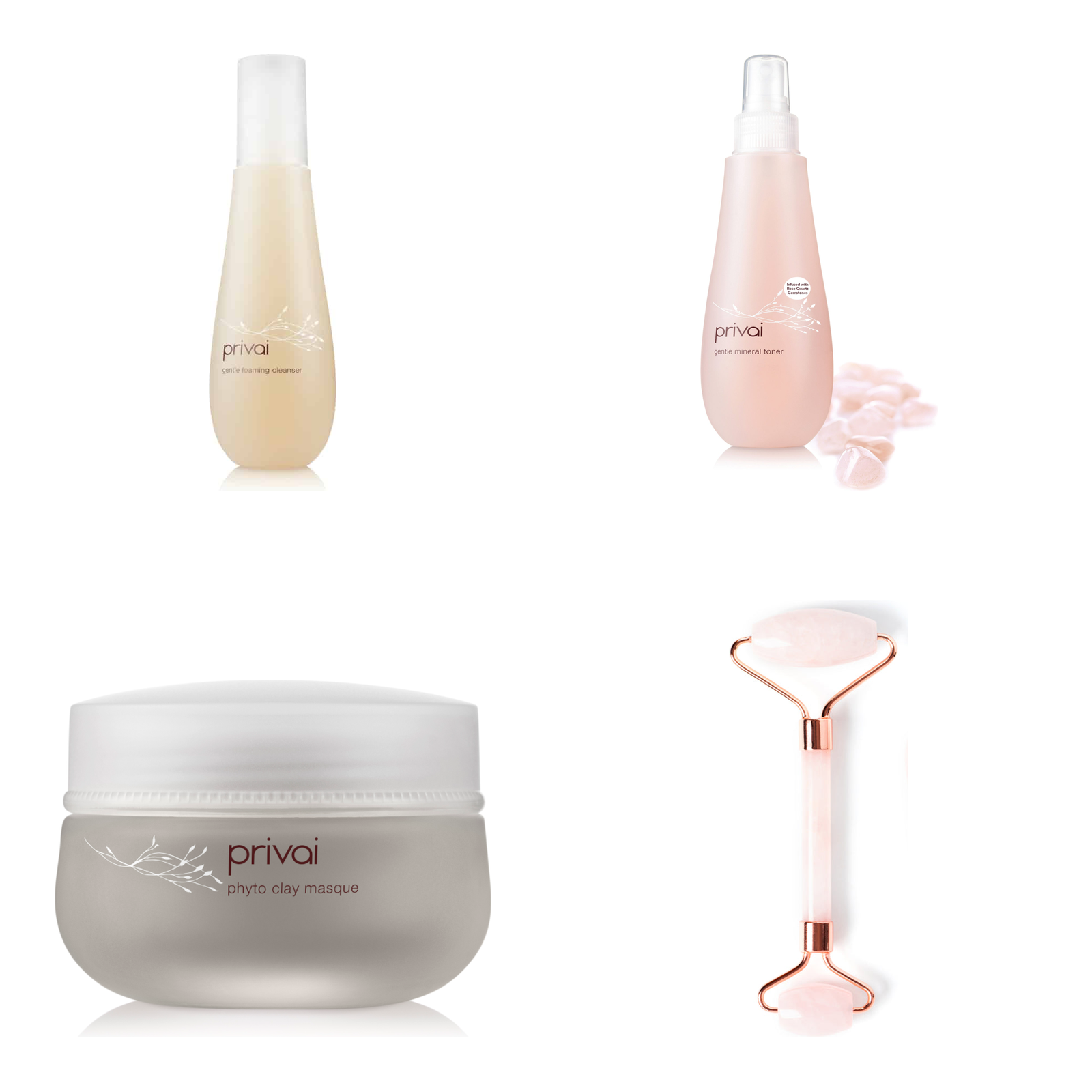 Four skincare products from the brand privai arranged on a white background: a beige serum bottle, a pale pink spray bottle with rose petals, a frosted gray jar of phyto clay mask, and a pink-and-gold facial roller.